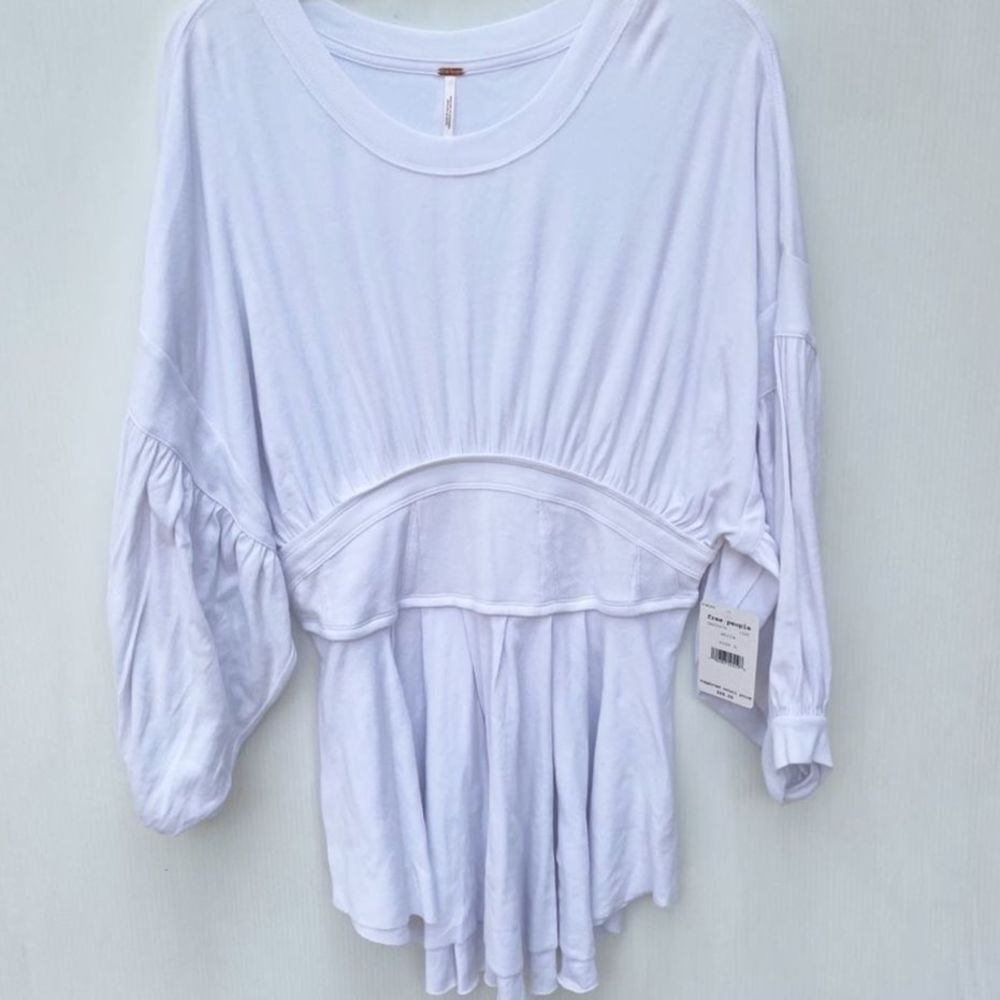 Free People Size L White Time Traveler Top Cinched Waist Scrunched Knit Stretch